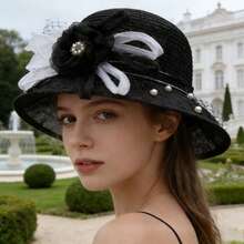 Women Organza Sun Hat Vintage Wide Brim Summer Hat With Pearls And Flowers Beach Visor Caps For Seaside Party - Black - View 5
