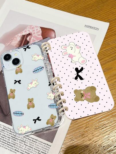 1pc Cute Rabbit & Bear Notebook Style Phone Case, Kawaii Pink Polka Dot Bow Book Cover, Thick Transparent TPU Anti-Drop Protective Case, Suitable For Daily Use Or Gift, Compatible With IPhone 11/12/13/14/15/16/16 Plus/17/17 Pro/17 Pro Max And Galaxy S24 Ultra/A25/A55 5G/S25
