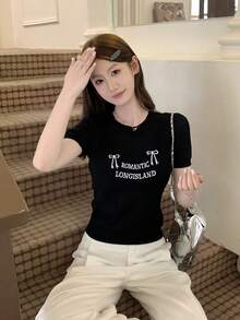 Áo thun nữ tay ngắn cổ tròn, thêu chữ, dáng ôm, thích hợp mặc mùa hè. - màu đen - Xem 9
