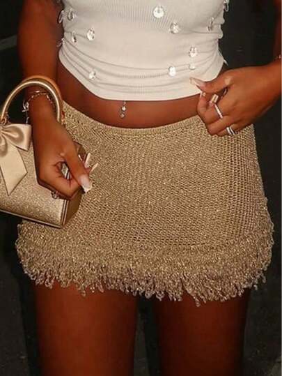 SEREN Khaki Knit Mini Skirt, Fringed Hem, Fitted Silhouette, Suitable For Vacation, Casual, Daily Wear, Beach Travel, Date, Leisure, Beach Holiday, Music Festival, Bohemian, Summer Vacation, Summer Dress, Women Summer Outfit, Party Outfit