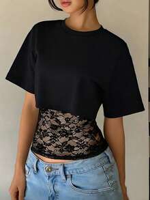 Damen lässig Sexy Spitzen Cami Top + Rundhals Kurzarm Crop Top, einfarbig für Alltag, Date, Streetwear, schwarzer Sommer Elegant - Schwarz - Übersicht 3