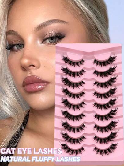 9 Pairs Cat Eye Lashes Fluffy Thick Faux Mink Lashes Natural Look Curl False Eyelashes Soft Wispy Reusable Eyelashes Clear Band Full Strip Fake Eyelashes Short Lash Extension Makeup