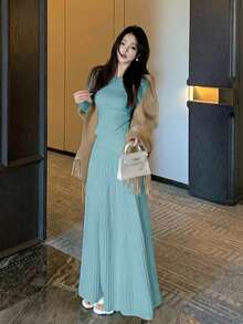 Y6Y 2025新款法式浪漫针织上衣长裙两件套，舒适优雅，适合早春和秋季穿着。 - 霧霾藍 - 查看 7