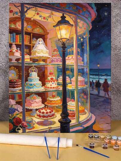 浪漫烘焙橱窗夜街蛋糕店DIY数字油画帆布画工艺品成人家居装饰40x50厘米/16x20英寸节日礼物