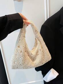 Hollow Floral Woven Bag, Bohemian Style Beach Bag, Casual Tote (Pattern Random),Straw Bag - Beige - View 3