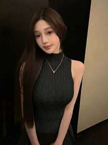 Áo tank top dệt kim màu trắng không tay dành cho nữ, kiểu dáng ôm sát thanh lịch kiểu Pháp màu đen. - màu đen - Xem 4
