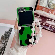 Green Background Black Flower Folding Phone Case With Chain, Suitable For Samsung Galaxy Z Flip3 5G/Galaxy Z Flip 4 5G/Galaxy Z Flip 5 5G/Galaxy Z Flip 6 5G/Galaxy Z Flip 7 5G, Cartoon Cute Folding Protective Case - Multicolor - View 5