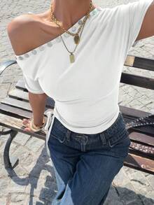 Vaiaye Women's Loose Casual Round Neck One-Shoulder T-Shirt, Shell Decor Slim Fit T-Shirt, Spring/Summer Open Shoulder Top White - White - View 8