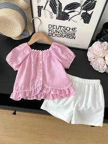 2pcs/Set Girls Striped Petal Sleeve Blouse And Shorts Set, Summer - Pink - View 1