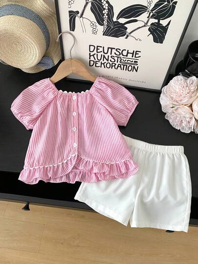 2pcs/Set Girls Striped Petal Sleeve Blouse And Shorts Set, Summer