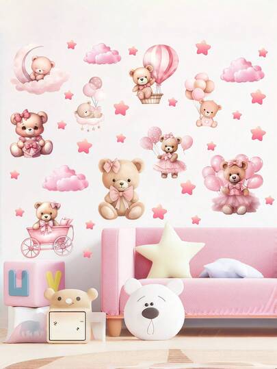 1 miếng dán tường hình gấu hoạt hình màu hồng kèm bóng bay, mây, sao dễ thương, decal dán tường bằng vinyl mờ có thể tháo rời, thích hợp cho phòng khách, phòng ngủ, phòng trẻ em, trang trí nhà cửa, trang trí mùa xuân, quà tặng sinh nhật, tốt nghiệp.