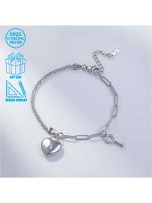 925 Silver Fashion Key Lock Bracelet, Minimalist Sweet Heart-Shaped Lock Design, Suitable For Daily Wear, Parties, Vacations, Also Can Be Given As A Gift To Friends And Family - Silver - View 3