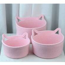 1pc Handmade Woven Cat Ear Design Storage Basket, Suitable For Living Room, Bedroom, Desk, Bedside Table Top Storage Basket (Pink) - Pink - View 6