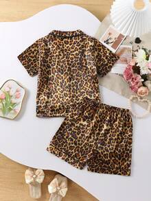 两件套阻燃豹纹短袖睡衣套装 - 棕色 - 查看 2