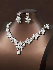 3pcs Women's Bridal Wedding Necklace, Earrings Jewelry Set And Elegant Party Accessories - Silver - View 3