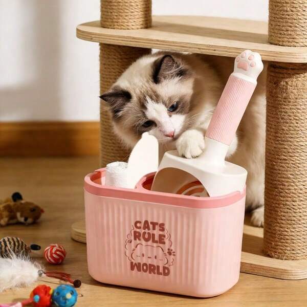Cat Litter Scoop With Storage Rack, Durable Plastic Material, Extra Trash Bag Compartment, Pet Hygiene Essential, Suitable For Multi-Cat Households, Easy Access