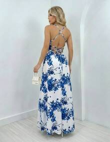 Vestido Longo Feminino Estampa Folhas Alças Cruzadas Casual Verão Tropical - Azul-flor - Visão 4