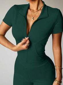 Women's Yoga Workout Set: Short Sleeve Zip-Up Jacket And High-Waisted Flare Pants - Moisture-Wicking, 4-Way Stretch, Suitable For Yoga, Pilates, Gym Workouts (Multiple Colors/Sizes Available) - 墨綠色 - 查看 5