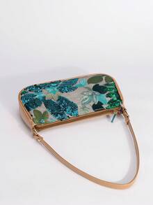 1pc Flower Embroidered Sequined Messenger Bag, Fashionable Ladies Beach Holiday Shoulder Bag, Holiday Party Dinner Bag. - Green - View 6