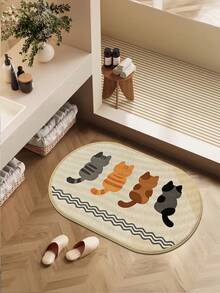 1 pieza Alfombra de baño con diseño de gato de dibujos animados, alfombra de lino, fácil de cuidar, para entrada del baño, alfombra de baño para inodoro, esencial para dormitorio, decoración de baño, decoración interior, decoración del hogar, primavera/verano, decoración navideña - multicolor - Ver 5