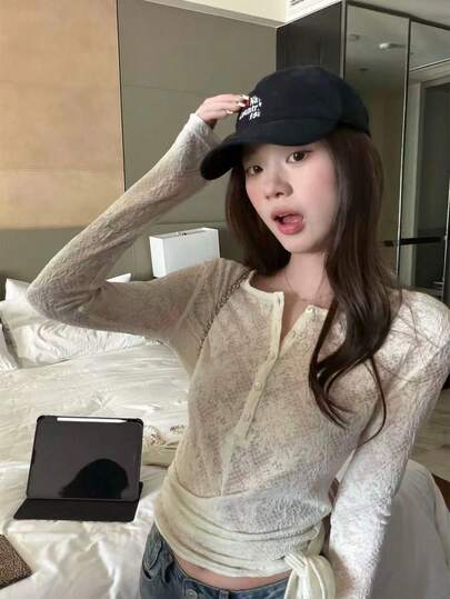 蕾丝小众修身系带长袖T恤，纯色，春夏款