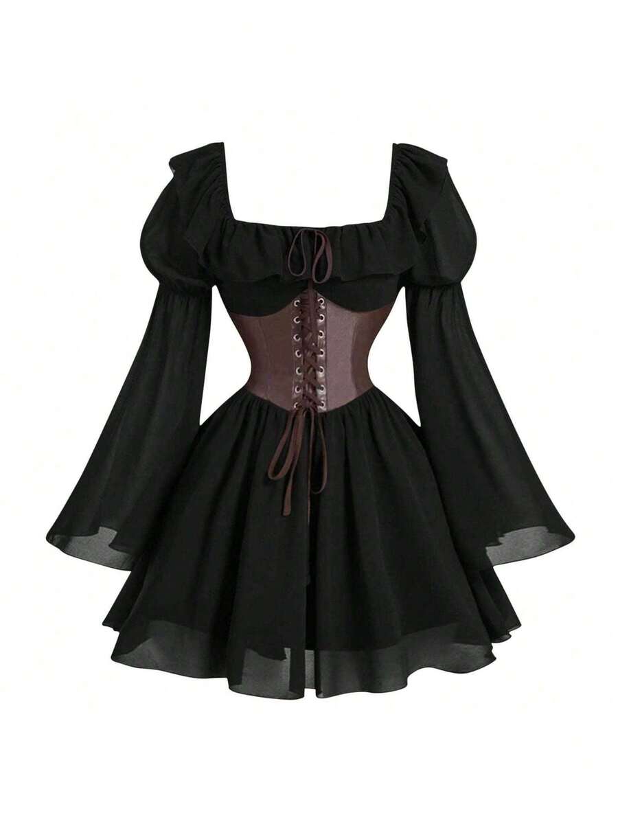 Robe médiévale à manches bouffantes, nouvelle robe de cosplay pour femme, jupe vintage ajustée avec cordon de serrage pour Halloween. - Noir - Voir 1