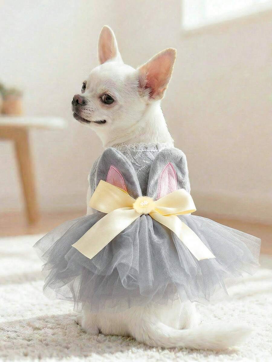 1件宠物服装，可爱浪漫薄纱连衣裙套装，适合小型犬猫，小狗婚礼礼服系列 - 彩色 - 查看 1