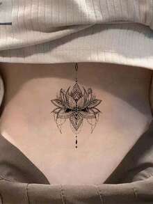 1 pieza Hermoso tatuaje temporal de diseño de loto doble, diseño de moda, tatuaje falso realista para adultos, resistente al agua y duradero, puede cubrir cicatrices y heridas, agrega un toque artístico a tu piel, tatuaje corporal floral para la cintura, el brazo, etc., fácil de aplicar y retirar. - Negro - Ver 2