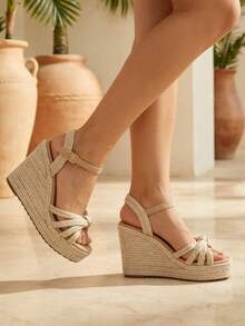Wedge Sandals For Women Summer Open Toe Platform Sandals Ankle Strap Wedges Heels Raffia Espadrille Braided Sandals - Apricot - View 2