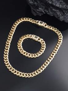 CVNANA 2pcs 14K Golden Plated Necklace With Bracelet Set,Polished Finish Cuban Chain Necklace, Punk Style Unisex Hip Hop Choker Jewelry Set,Men's Gifts,Men's Jewelry,Fashion Jewelry Perfect Gift For Birthday, Valentine's Day,Father's Day - A - View 6