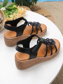 1 Pair Girls' Summer Roman Sandals, Fashionable Minimalist Hook And Loop Strap Solid Color Casual Thick Sole Non-Slip Open Toe Wedge Sandals - Black - View 8