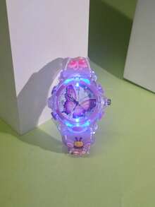 3件套女孩礼物 - 紫色卡通蝴蝶软硅胶夜光表带儿童模拟石英表，创意学生腕表，儿童项链手链公主首饰套装 - 紫色 - 查看 8