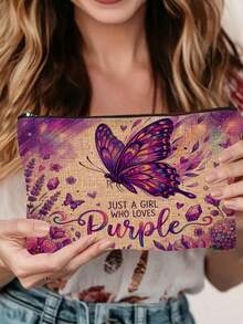 1pc "Just A Girl Who Loves Purple" Butterfly Print Cosmetic Bag, Modern Style Polyester Lightweight Travel Organizer - Multicolor - View 2