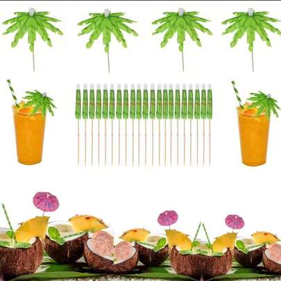 50pcs Tropical Palm Tree Paper Umbrellas Cocktail Food Fruit Picks Cake Toppers, Hawaiian Birthday Party Wedding Decorations