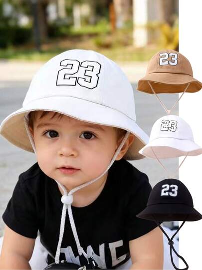 1pc Toddler/Kids Letter Print Wide Brim Sun Hat, Summer Beach Hat, Windproof Cap, Suitable For Boys And Girls
