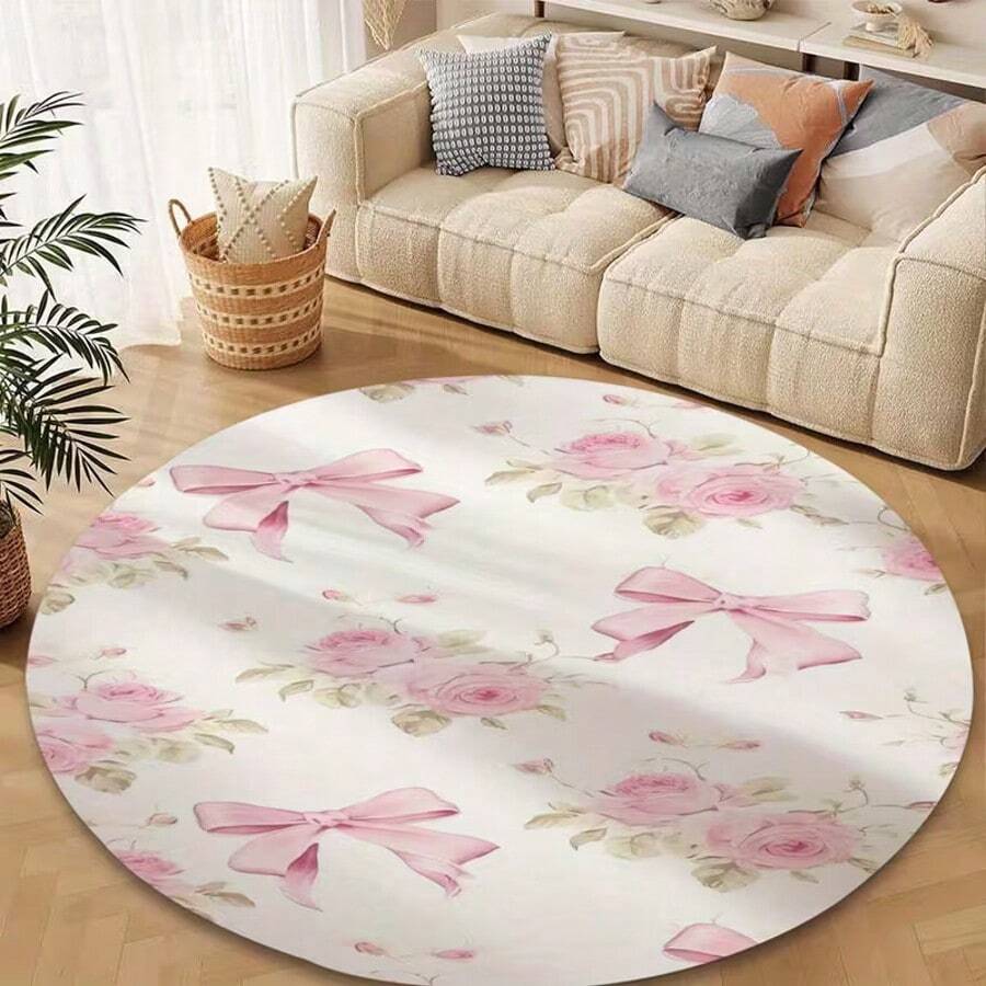 1pc Pink Bow & Floral Round Rug, Polyester, Machine Washable For Living Room, Bedroom, Study, Lounge, Home Decor - Living Room Mat, Bedroom Decor, Home Leisure Carpet, Decorative Rug, Bedroom Decor, Small Rug, Carpet, Home Decor, Living Room Carpet, Living Room Small Rug, Bedroom Carpet, Living Room Home Decor, Outdoor Rug, Plush Rug, Furry Rug, Autumn/Winter Rug, Thick/Fluffy, Washable Carpet