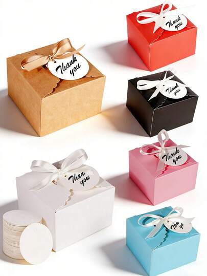 Wedding Ji With Hangtag Party Favor Candy Box, Kraft Paper Treat Boxes For Gift Giving Wedding Baby Shower Birthday Pink Small Gift Boxes With Ribbons For Packaging Candy, Cookie, Chocolate, Biscuits