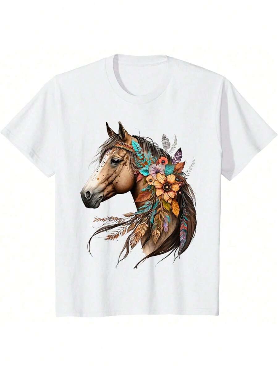 New Years Eve Tops T-Shirt For Women Plus Size Warm T-0shirt Floral Wild Horse Country Horse Riding T-Shirt - trắng - Xem 1