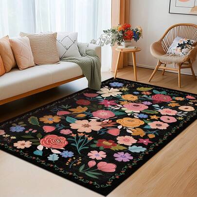 1件花卉图案地毯，黑色波西米亚风格，色彩缤纷的客厅地毯，东方复古设计，适用于卧室、餐厅、儿童房、家庭办公室、户外摩洛哥家居装饰，可机洗室内/室外耐用轻便舒适地垫