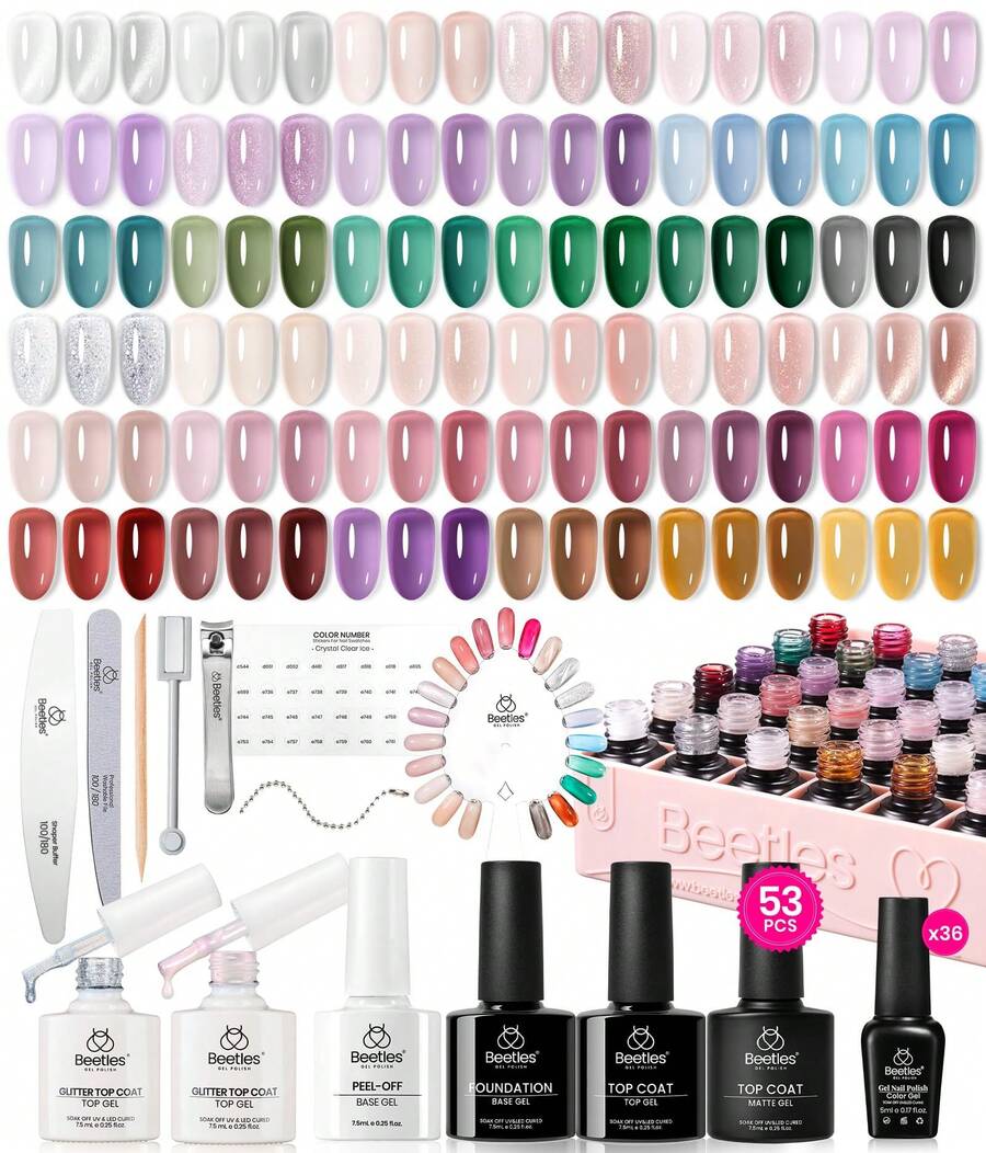 Beetles 36 Colors Gel Nail Polish Set, Pastel Jelly Pink Purple White Green Glitter Gel Kit With Base & Top Coat, Nail Tools, Soak Off UV Nail Art, Salon DIY Manicure Gift For Women - 53PCS 36 Colors Crystal Ice Collection - 查看 1