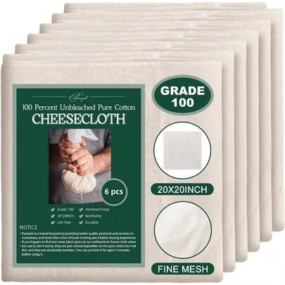 6Pcs 20x20Inch Cheese Cloth, 100Percent Organic Unbleached Cotton Muslin Cloth, Reusable Cheesecloth, Premium Cheesecloth Straining, Cooking, Bread, Butter