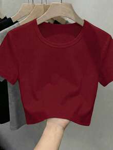 Áo thun nữ tay ngắn cổ tròn, kiểu dáng thường ngày, phù hợp cho mùa xuân/thu/hè, hoàn hảo cho mùa tựu trường, cũng lý tưởng cho áo nữ mặc đi nghỉ mát, trang phục du lịch, trang phục công sở, v.v. Áo thun màu đỏ tía. - Màu Đỏ Sâu - Xem 7