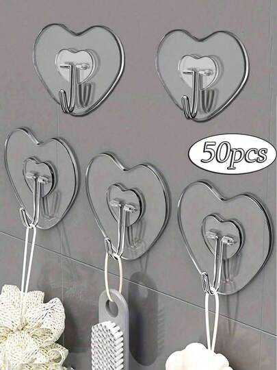 50pcs Powerful Transparent Adhesive Wall Hooks - Casual Style, Easy Installation Without Drilling, Plastic Heart-Shaped Practical Hooks, Suitable For Kitchen And Bathroom, Wall-Mounted Storage Organizer, Bathroom Storage Rack, Bathroom Decor, Autumn Decor, Back To School Decor