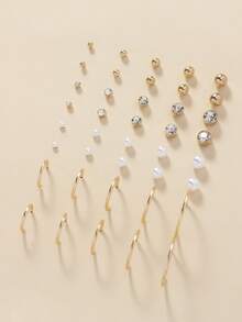 20pcs Set Minimalist Faux Pearl Rhinestone Metal Multi-Size Fashion Stud Earrings, Suitable For Daily Wear And Gifting - Yellow Gold - View 4