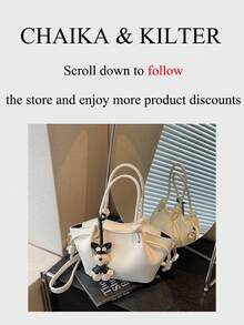 CHAIKA & KILTER 纯色PU皮革单肩包，女士休闲时尚水桶包，褶皱设计，可调节腰带，双提手，磁扣闭合，适合旅行、购物、约会、送礼，适合青少年、大学生和上班族女性，也适合办公室、学校、工作、商务、通勤、户外、旅行、野餐等场合（附赠吊坠） - 白色 - 查看 3