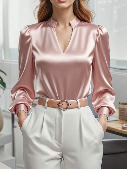 HOMEYEE Áo sơ mi dài tay cổ chữ V màu trơn, thanh lịch, thời trang, phù hợp cho đi làm hàng ngày và mặc đi làm.
