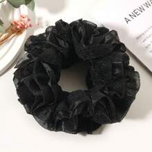 1pc New Bright Silk Fabric Two-Layer Large Flower Extra Large Hair Tie - Black - View 1