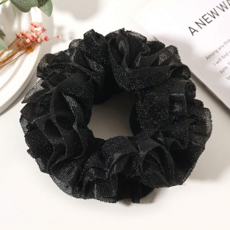 1pc New Bright Silk Fabric Two-Layer Large Flower Extra Large Hair Tie - Black - View 1