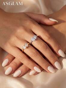 1枚奢华双梨形切割立方氧化锆戒指，925纯银单枚戒指，精致珠宝礼物，适合女孩生日、舞会等场合 - 款式1 - 查看 7