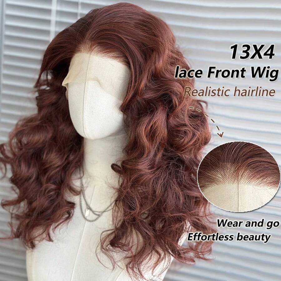 13x4 Inches Red-Brown Synthetic Lace Front Wig, 18 Inches Medium Length Wavy Bangs, 150% Density Natural Hairline, Suitable For Women Fashion, Party, Vacation, Makeup, Daily Wear
